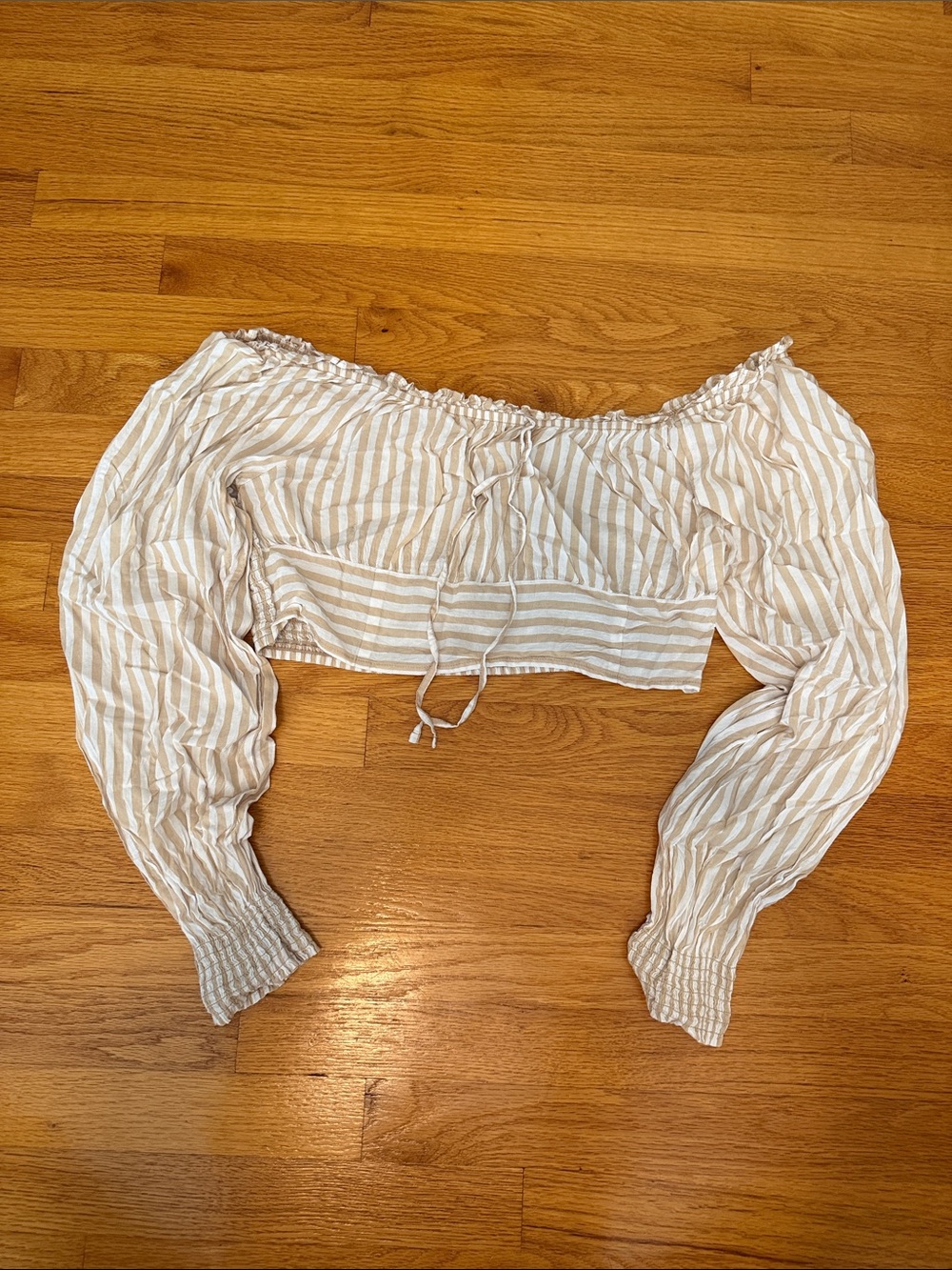 Striped Off-Shoulder Crop Blouse in Beige and White